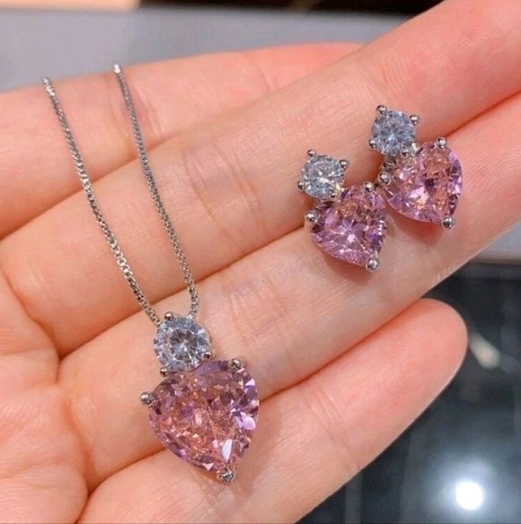 Pink Cubic Zirconia Heart Drop Set Pendant Silver Necklace Earrings - Picture 4 of 7